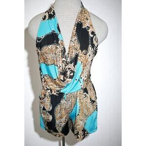 Vintage Halter Romper Leopard Baroque Print Aqua Black Gold – Made in USA – Smal